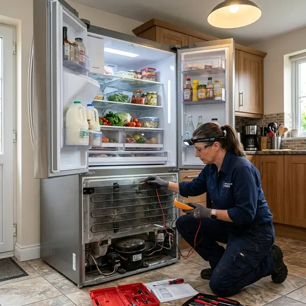 Technician checking modern refrigerator back panel compressor